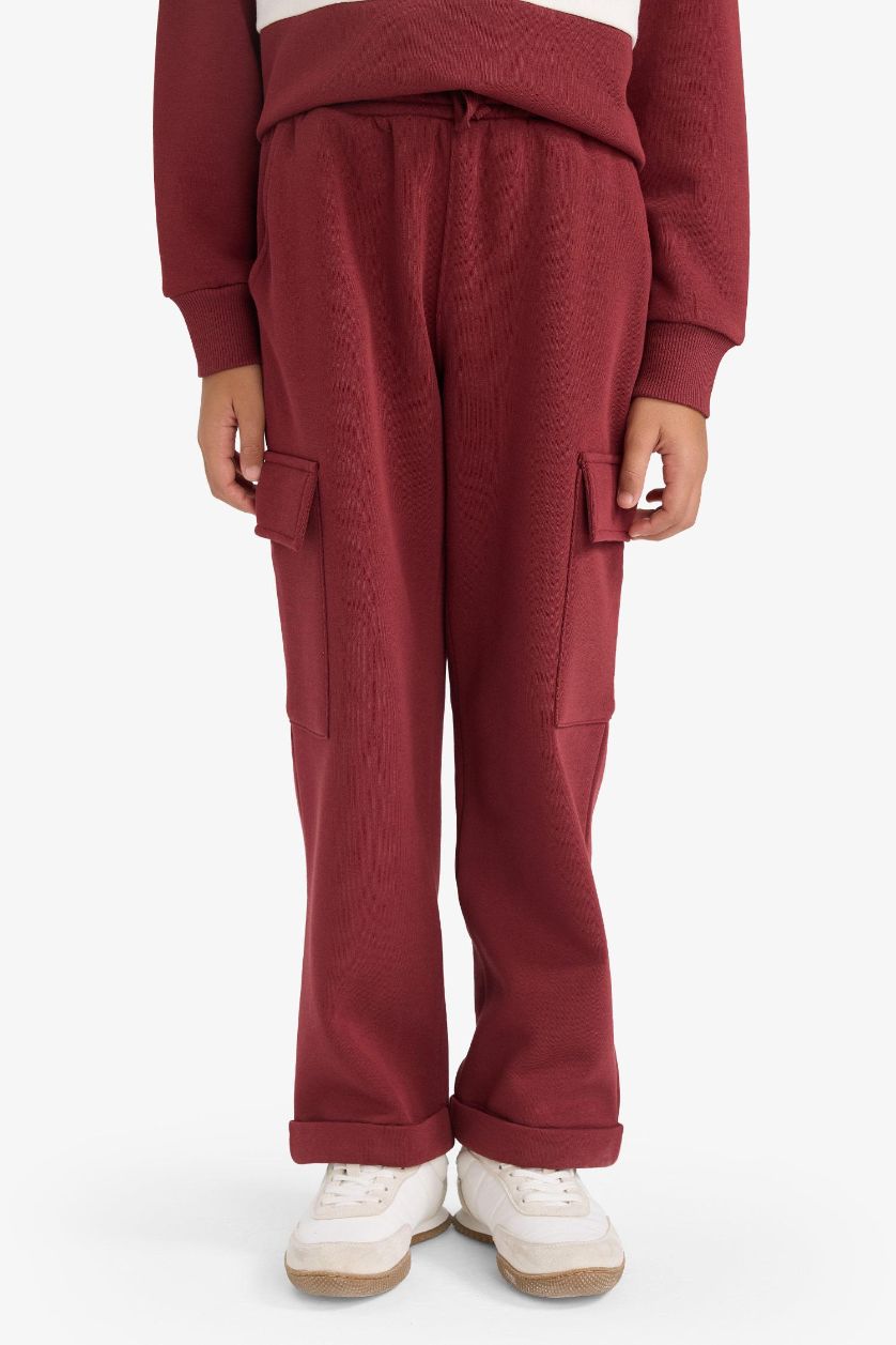 Erkek Çocuk - Genç Erkek Bordo Loose Fit Kargo Cepli Beli Lastikli Eşofman Altı Erkek Çocuk
