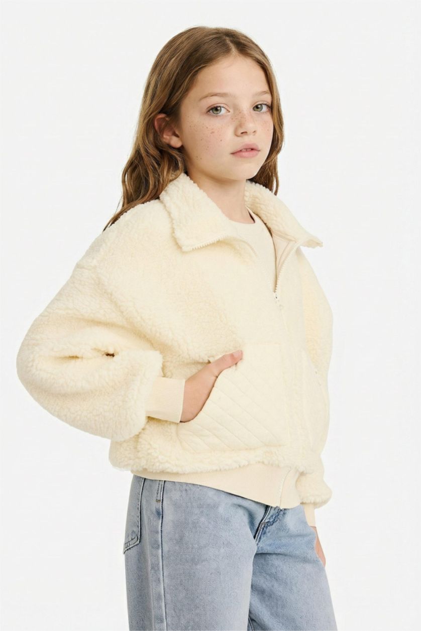Kız Çocuk - Genç Kız Ekru Dik Yaka Fermuarlı Polar Hırka Kız Çocuk