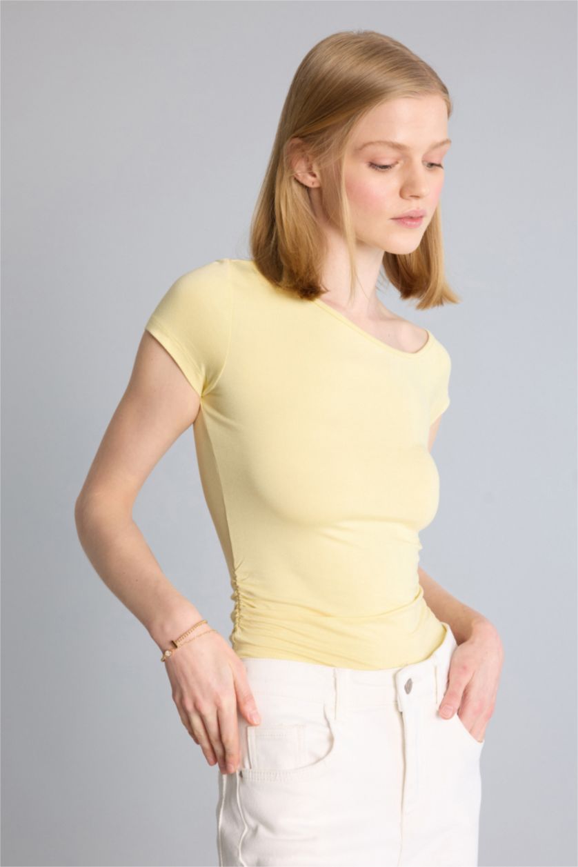 Kadın Açık Sarı Fitted Kısa kollu Modal Tişört