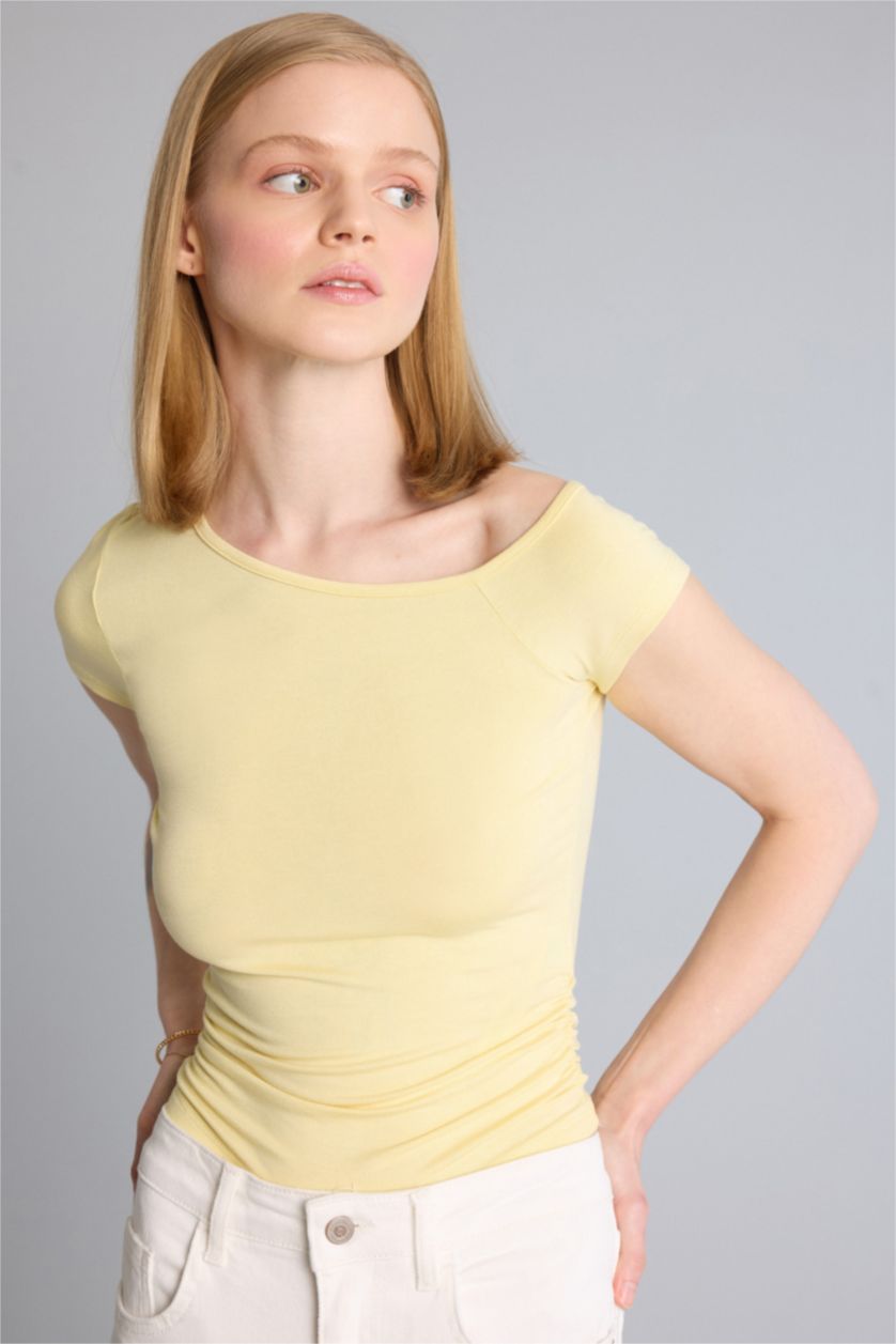 Kadın Açık Sarı Fitted Kısa kollu Modal Tişört