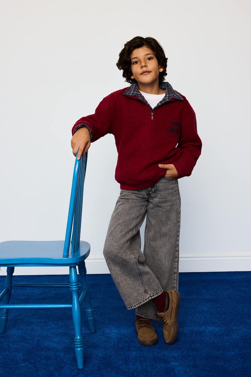 BOYS & TEENS Bordeaux Boy Oversize Fit Half Zippered Printed Jacquard Sweatshirt