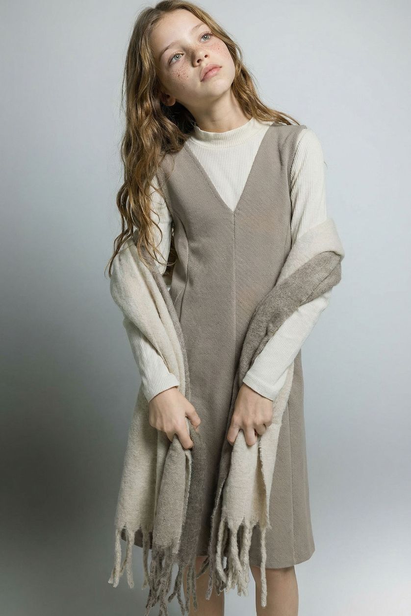 Kız Çocuk - Genç Kız Koyu Kum 2'li Takım V Yaka Kolsuz Elbise Uzun Kollu Tişört Kız Çocuk