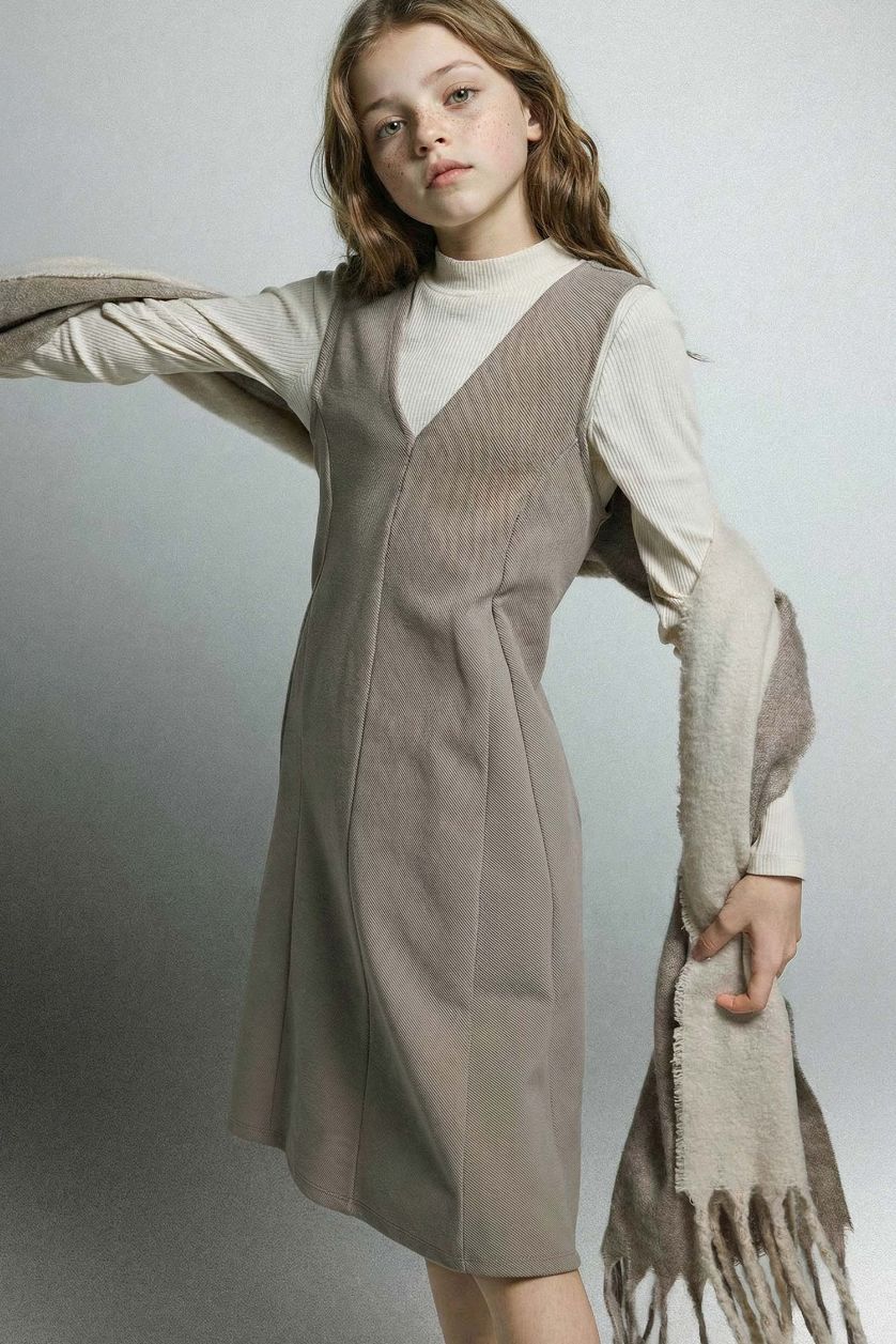 Kız Çocuk - Genç Kız Koyu Kum 2'li Takım V Yaka Kolsuz Elbise Uzun Kollu Tişört Kız Çocuk