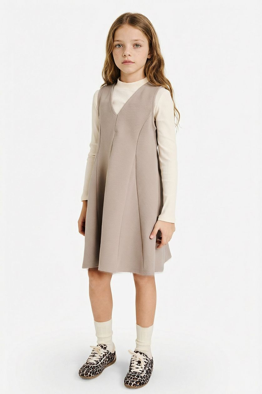 Kız Çocuk - Genç Kız Koyu Kum 2'li Takım V Yaka Kolsuz Elbise Uzun Kollu Tişört Kız Çocuk