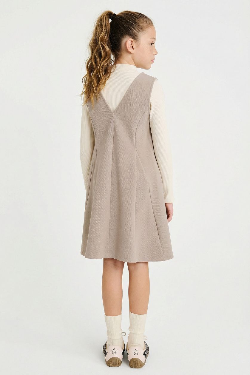 Kız Çocuk - Genç Kız Koyu Kum 2'li Takım V Yaka Kolsuz Elbise Uzun Kollu Tişört Kız Çocuk