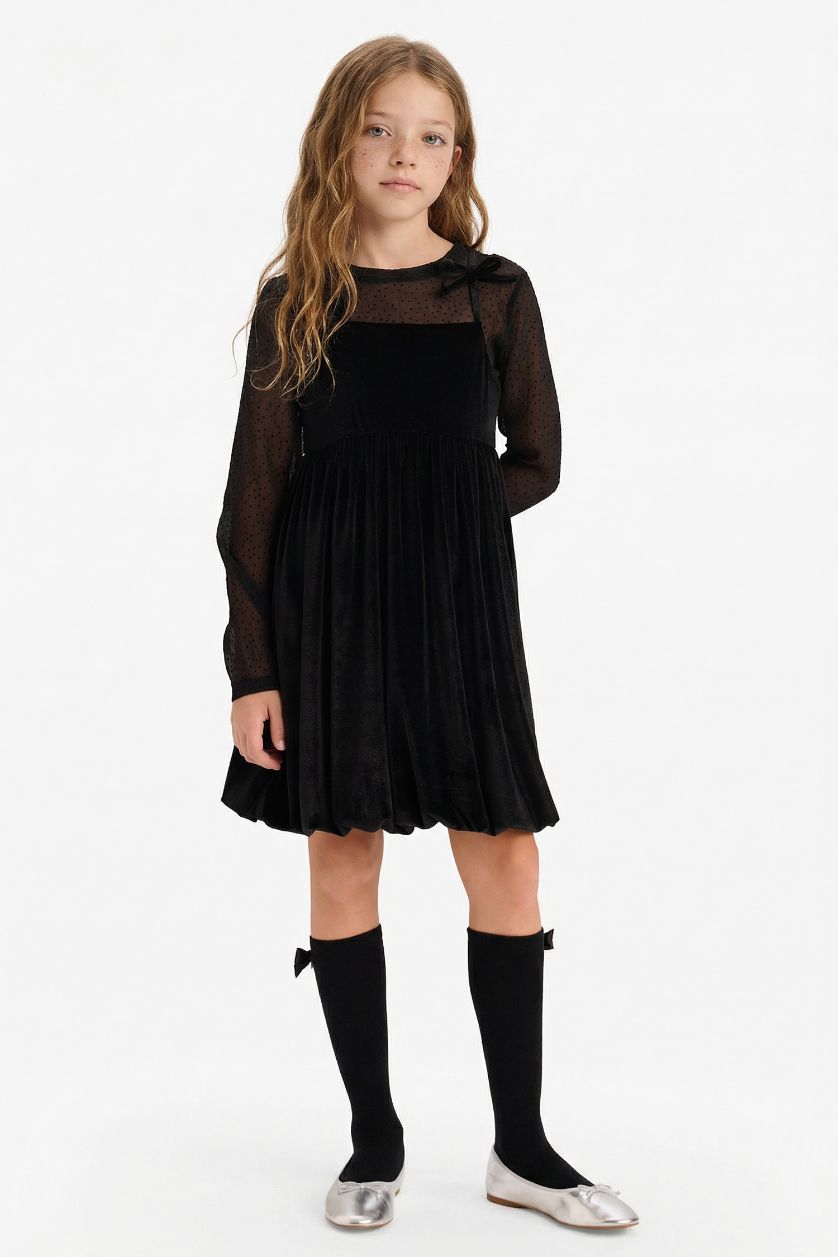 بنات أسود فستان قصة عادية من قطعتين