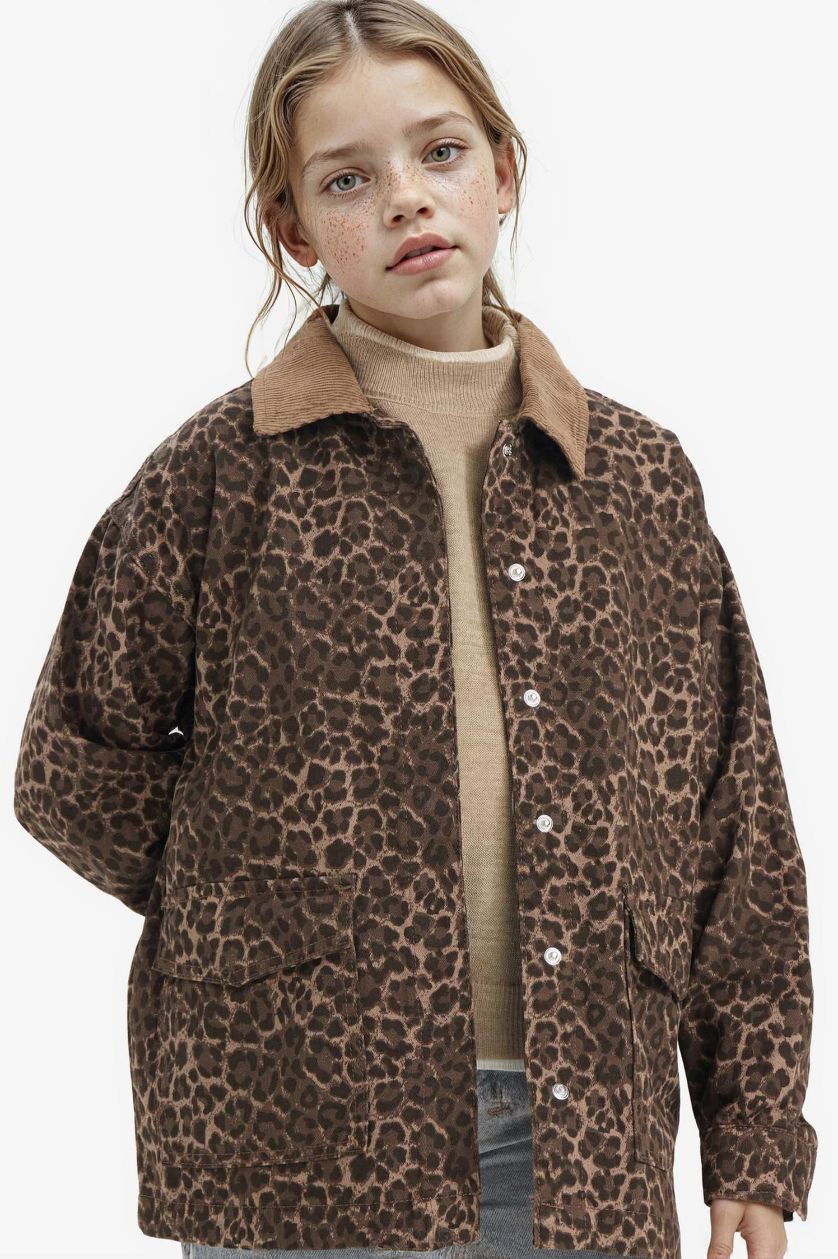 Kız Çocuk - Genç Kız Açık Kahve Flare Fit Leopar Desenli Gabardin Uzun Kollu Gömlek Kız Çocuk