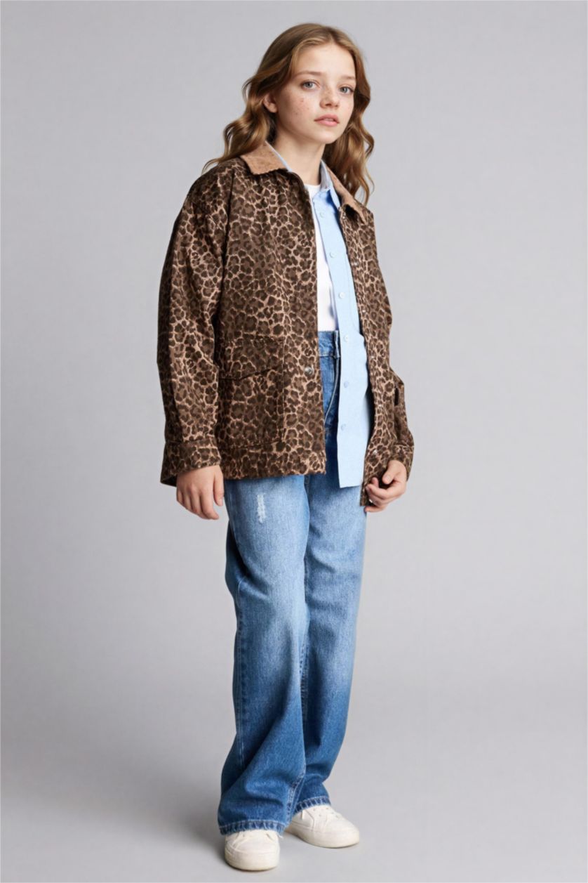 Kız Çocuk - Genç Kız Açık Kahve Flare Fit Leopar Desenli Gabardin Uzun Kollu Gömlek Kız Çocuk