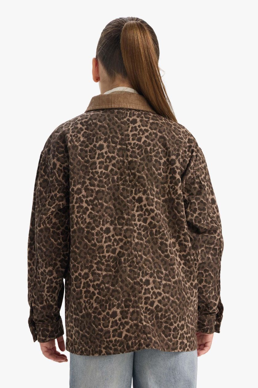 Kız Çocuk - Genç Kız Açık Kahve Flare Fit Leopar Desenli Gabardin Uzun Kollu Gömlek Kız Çocuk