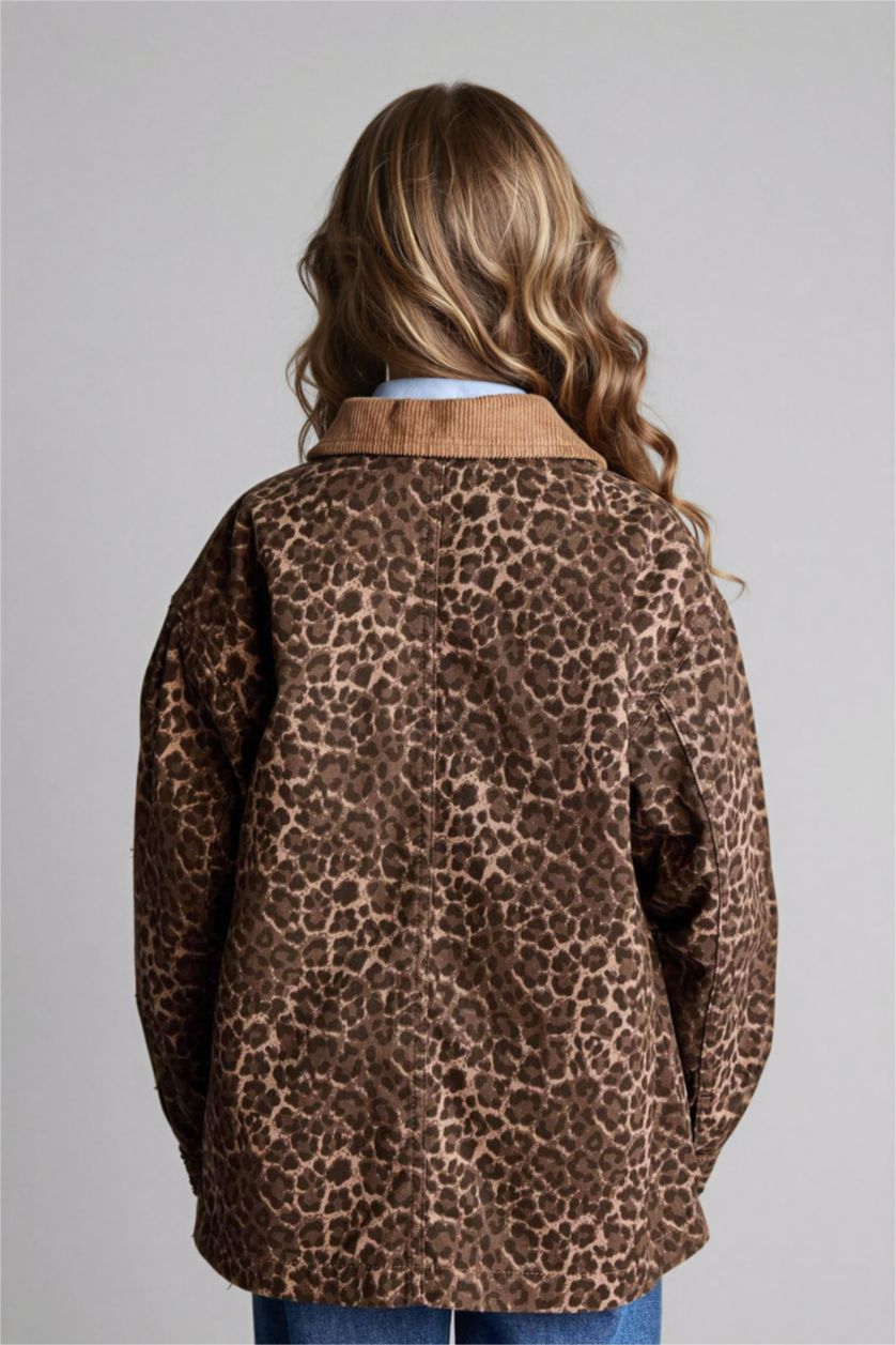 Kız Çocuk - Genç Kız Açık Kahve Flare Fit Leopar Desenli Gabardin Uzun Kollu Gömlek Kız Çocuk