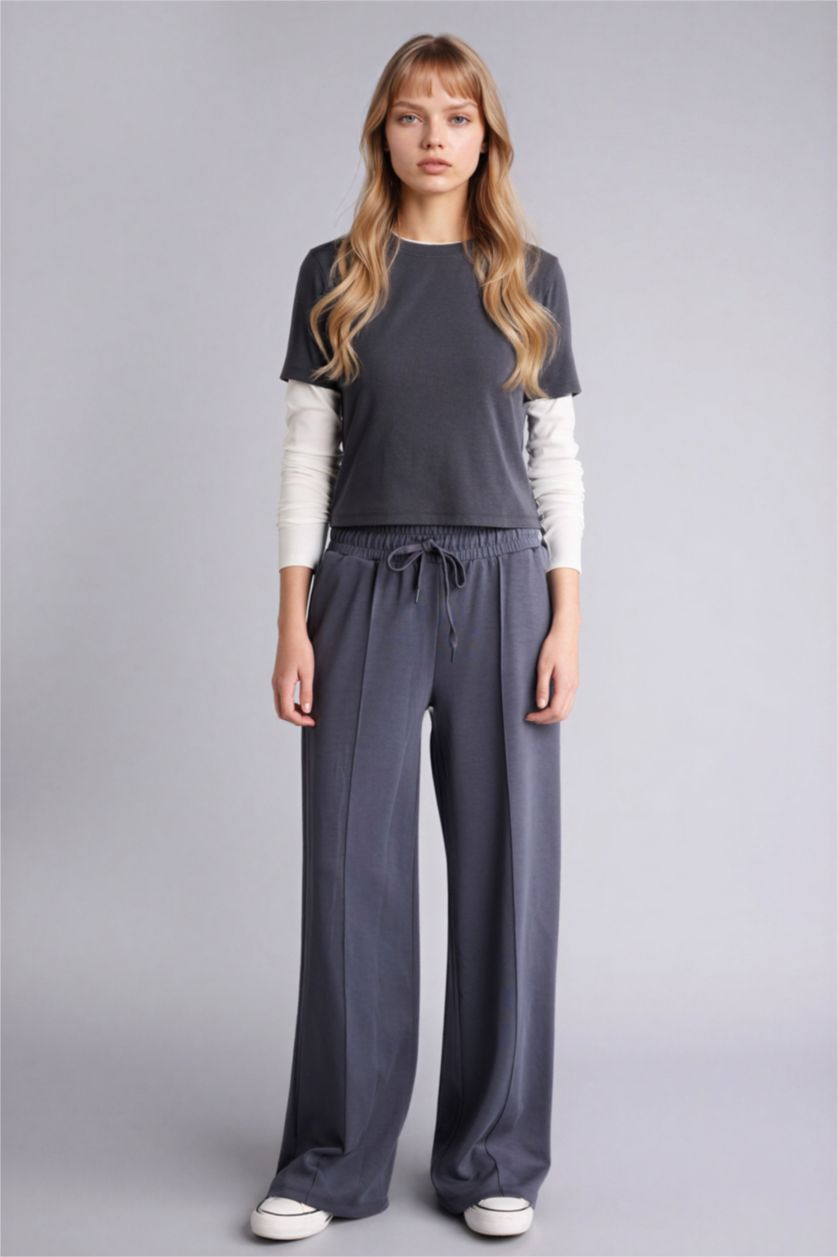 Женщины Антрацит Футболка Loose Fit в рубчик с круглым вырезом и длинным рукавом