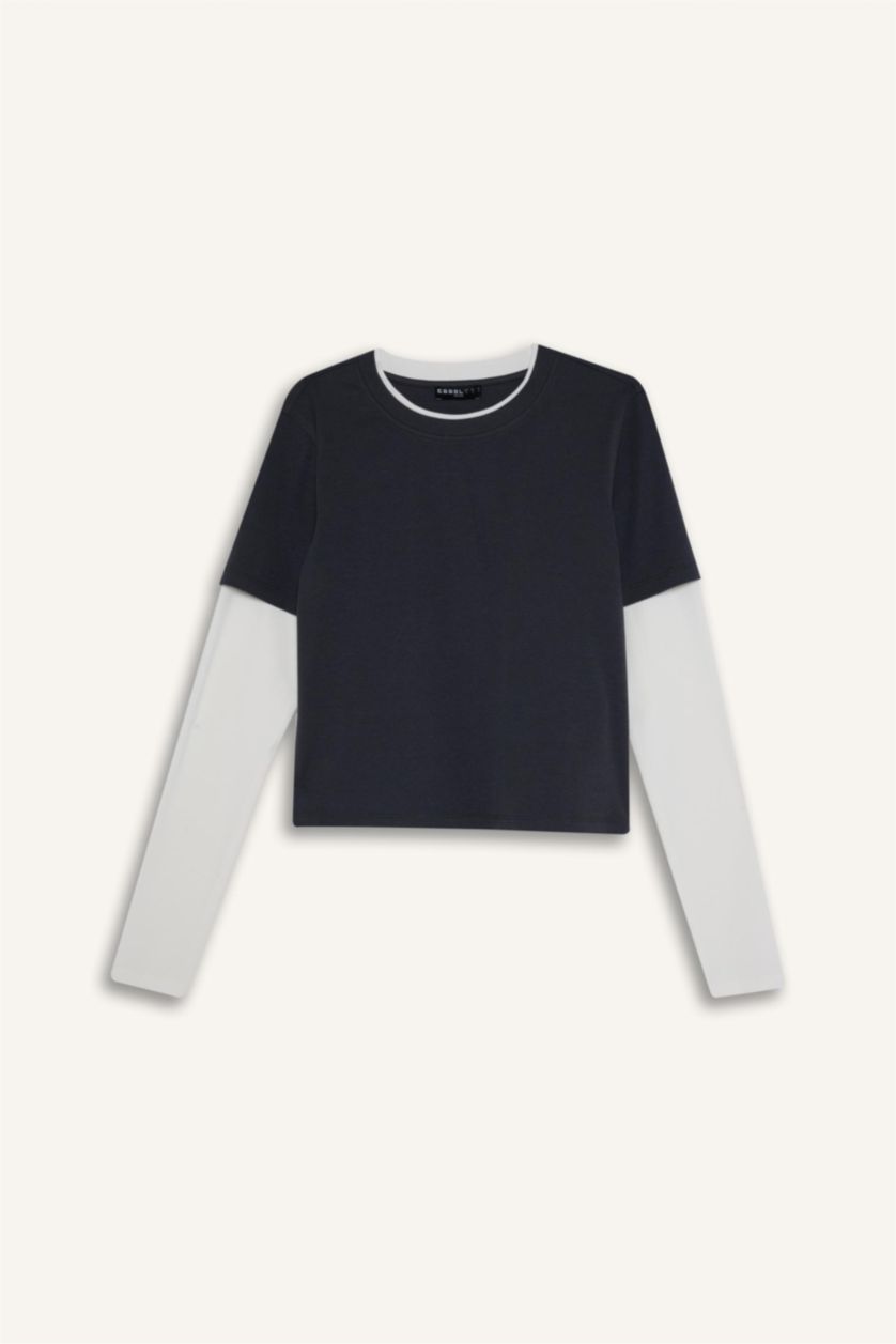 Женщины Антрацит Футболка Loose Fit в рубчик с круглым вырезом и длинным рукавом