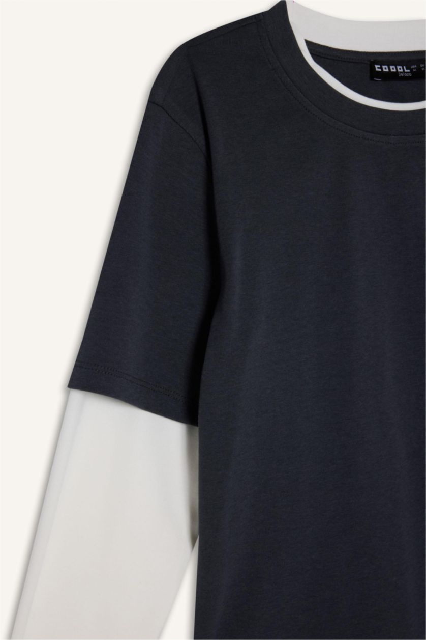 Женщины Антрацит Футболка Loose Fit в рубчик с круглым вырезом и длинным рукавом