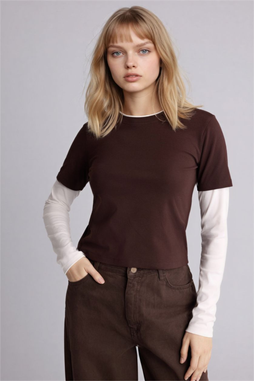 Женщины Коричневый Футболка Loose Fit в рубчик с круглым вырезом и длинным рукавом