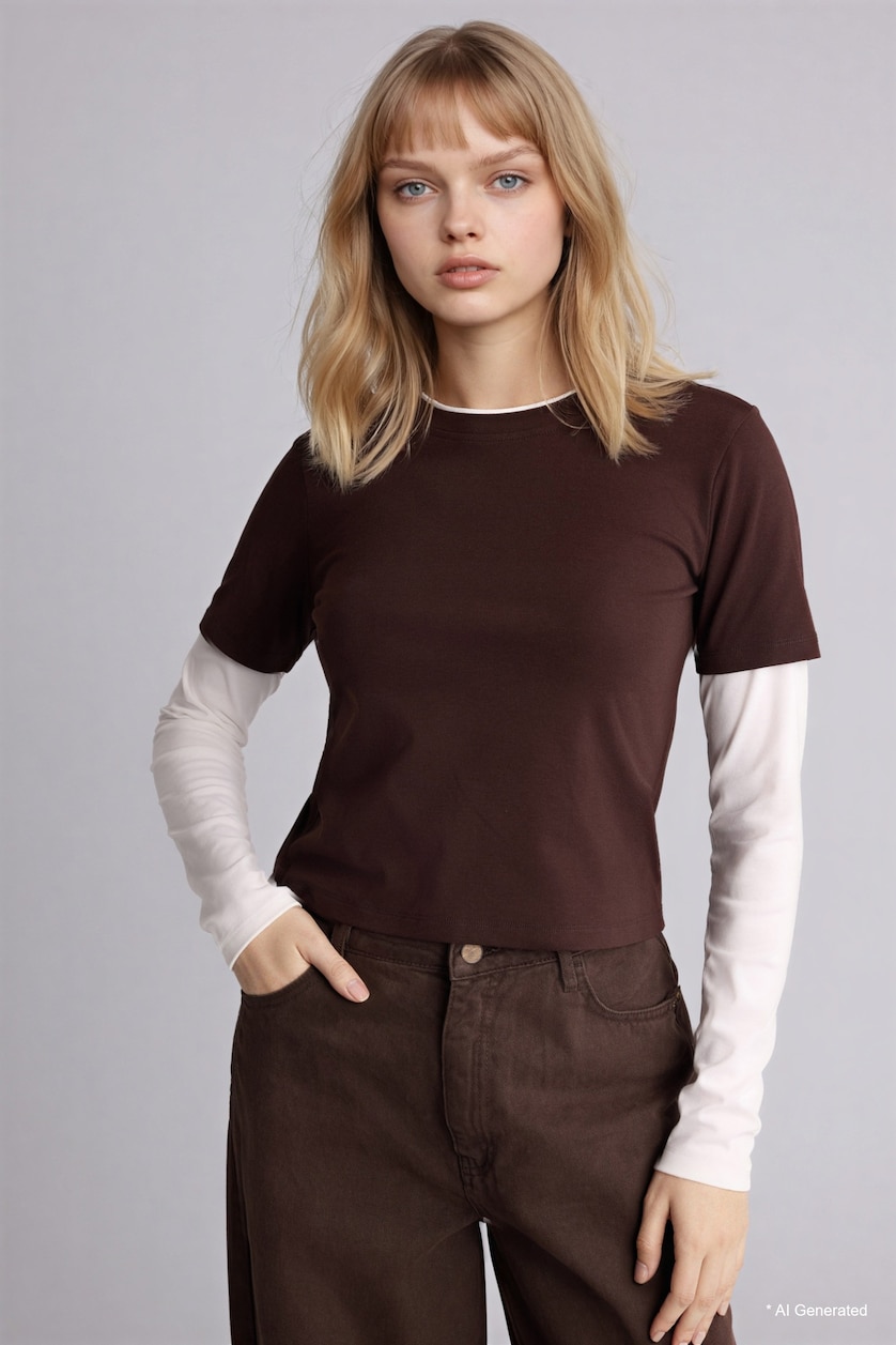 FEMME Marron T-shirt côtelé à col rond manches longues Coupe ample