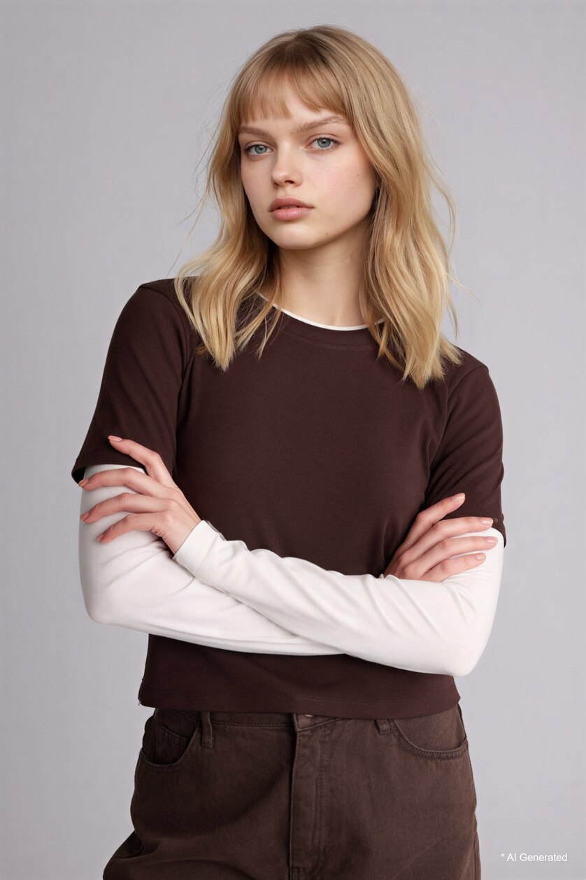 FEMME Marron T-shirt côtelé à col rond manches longues Coupe ample