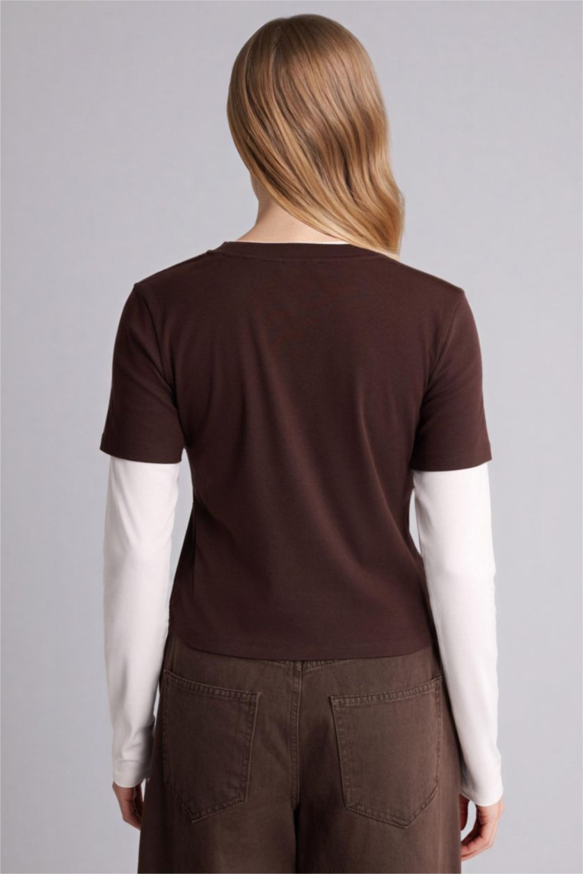 Женщины Коричневый Футболка Loose Fit в рубчик с круглым вырезом и длинным рукавом