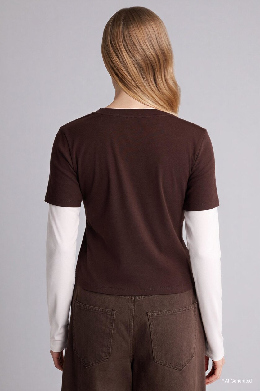 FEMME Marron T-shirt côtelé à col rond manches longues Coupe ample