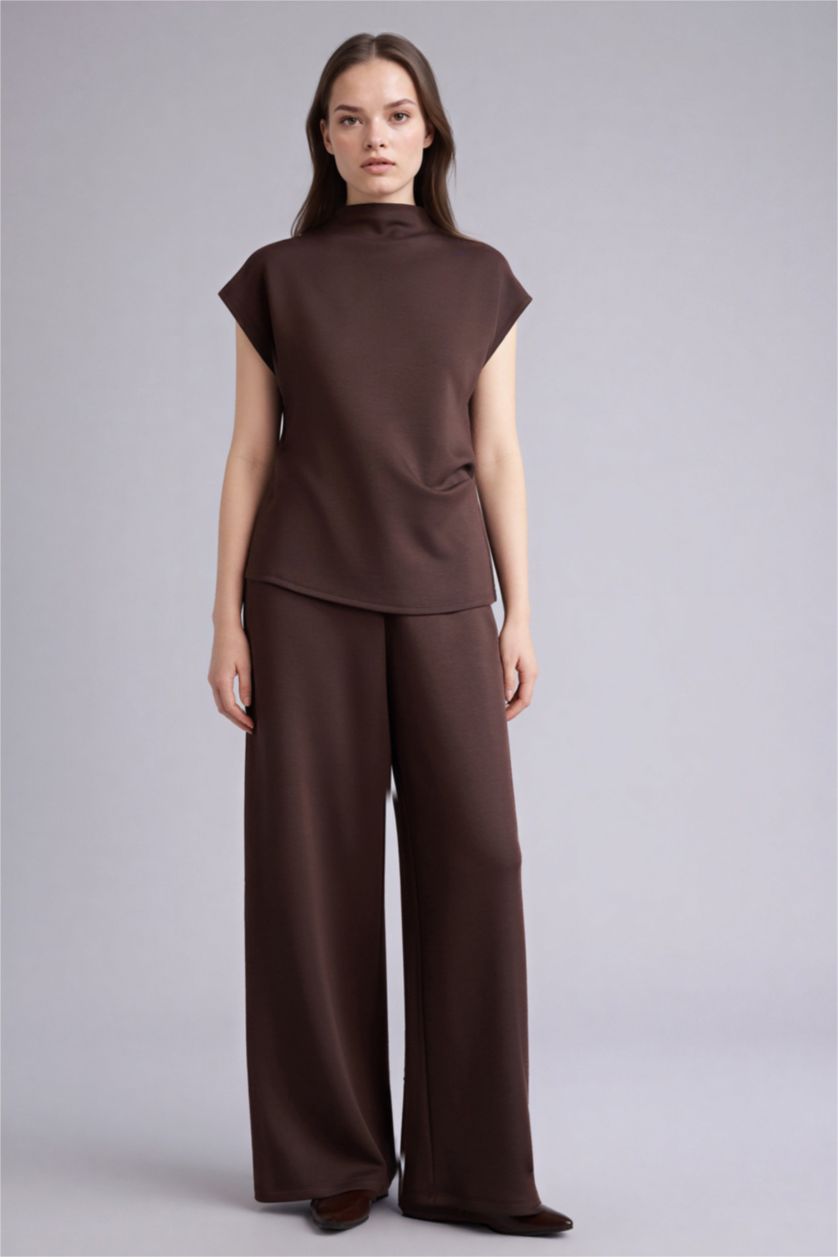 WOMAN Brown Slim Fit Half Turtleneck Pique Short Sleeve T-Shirt