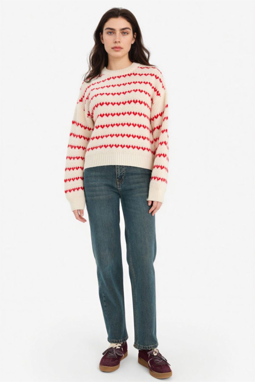 Woman Ecru Oversize Fit Crew Neck Valentine's Day Pullover