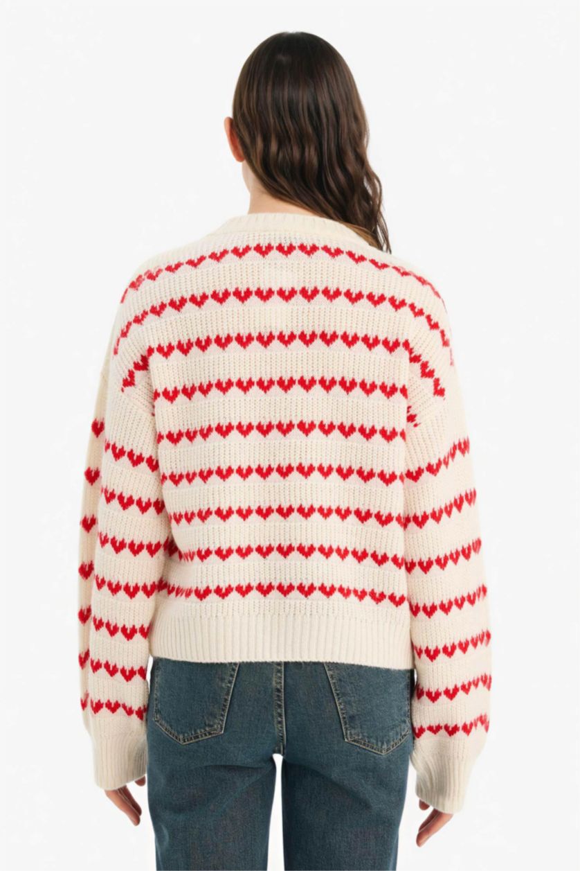 Woman Ecru Oversize Fit Crew Neck Valentine's Day Pullover