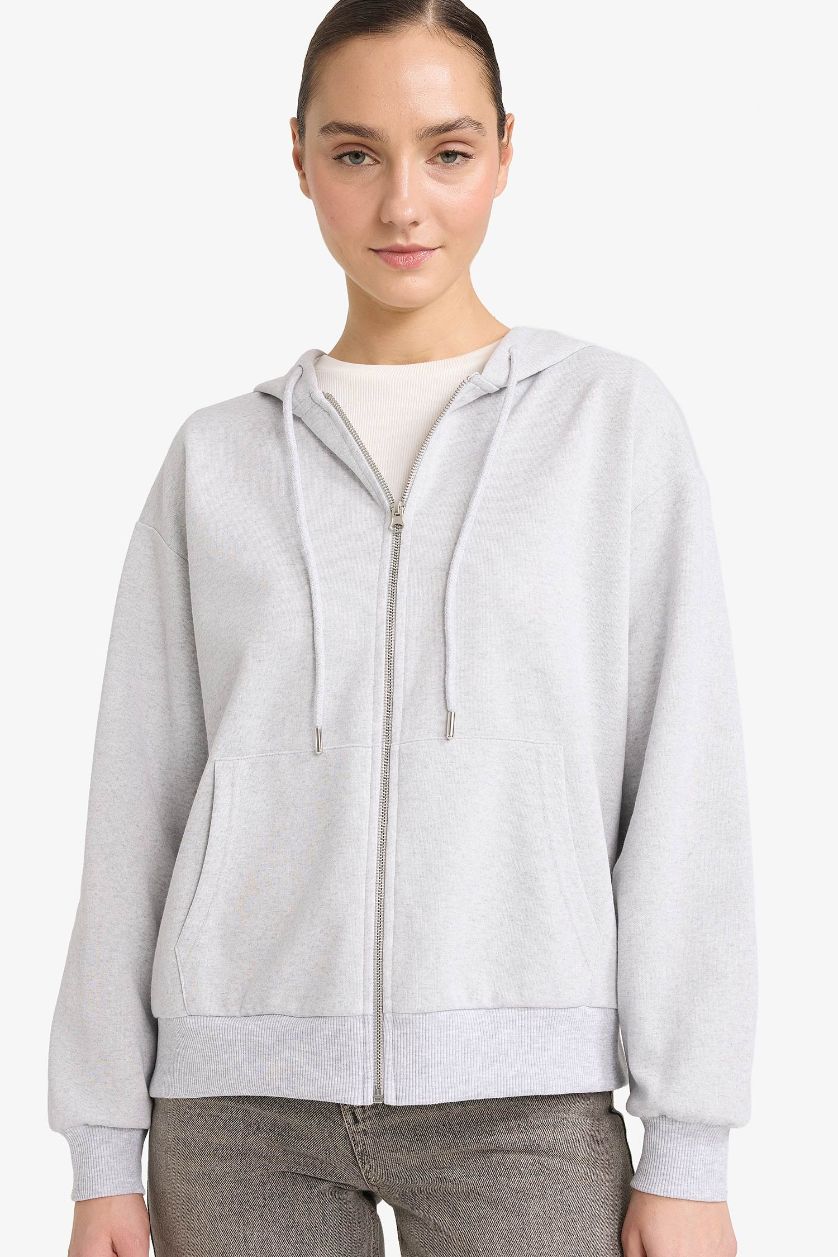 Woman Grey Melange Relax Fit Hooded Cardigan