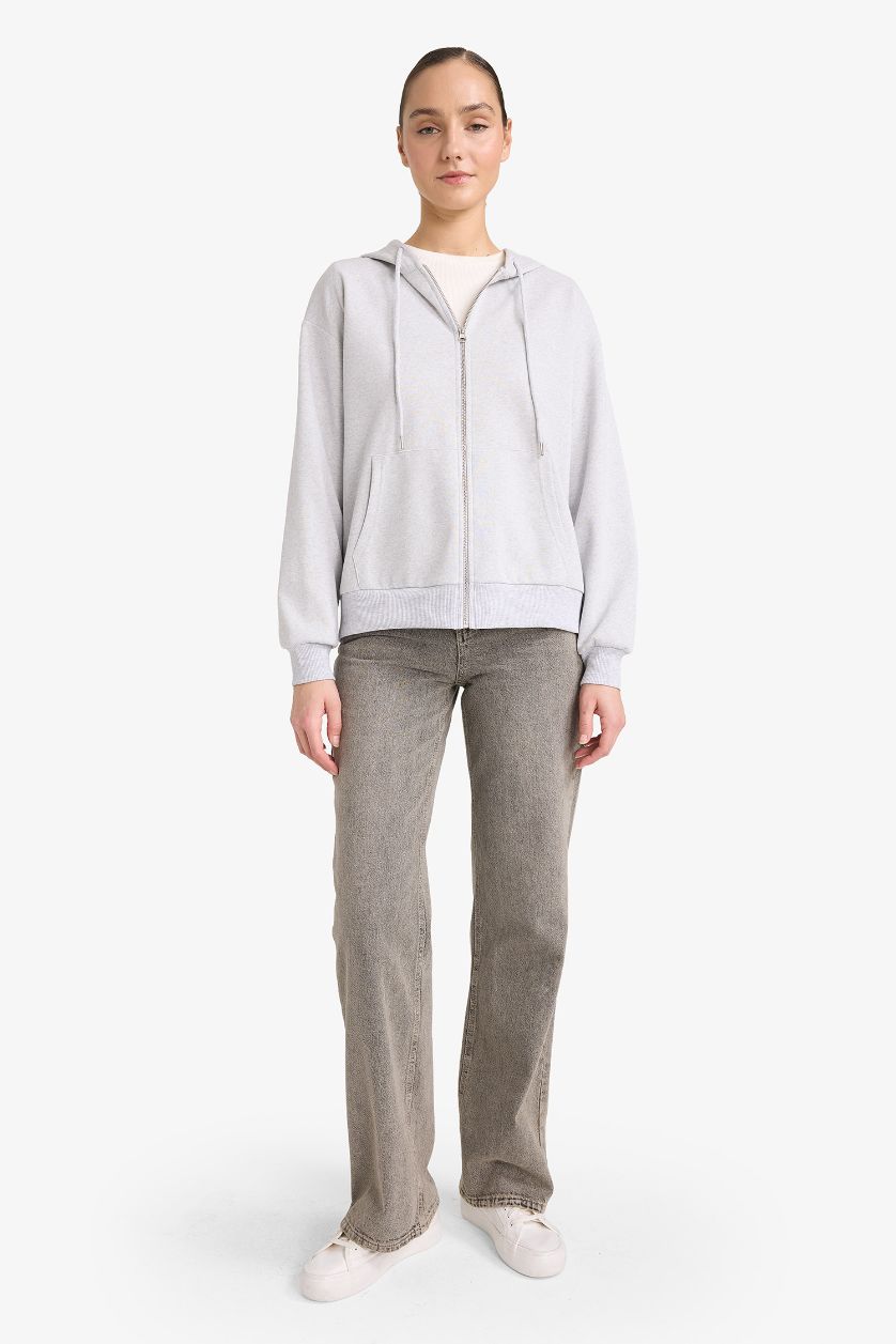 Woman Grey Melange Relax Fit Hooded Cardigan