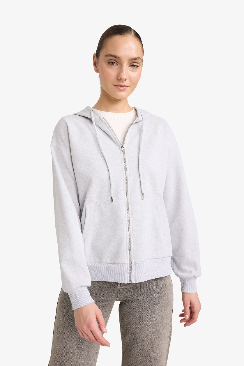 Woman Grey Melange Relax Fit Hooded Cardigan
