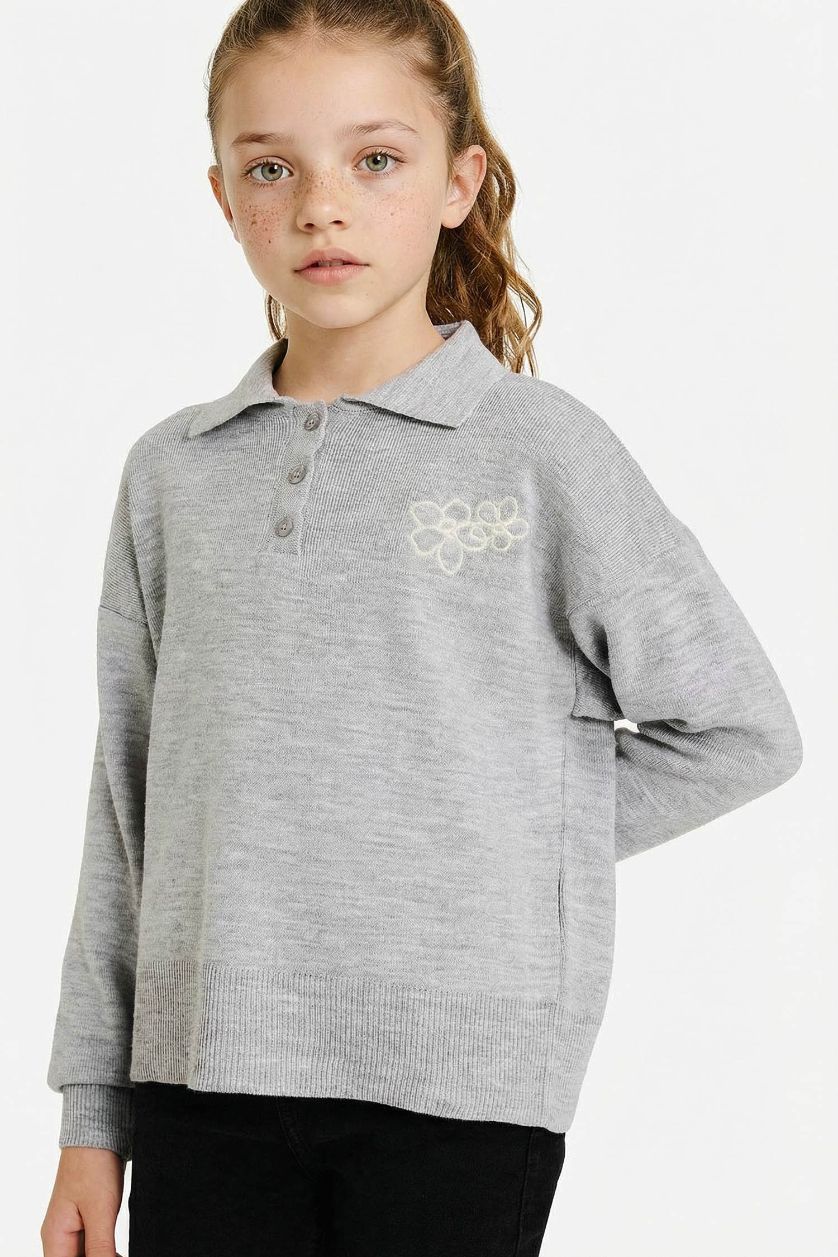 Girls & Teens Grey Girl Regular Fit Polo Collar Pullover