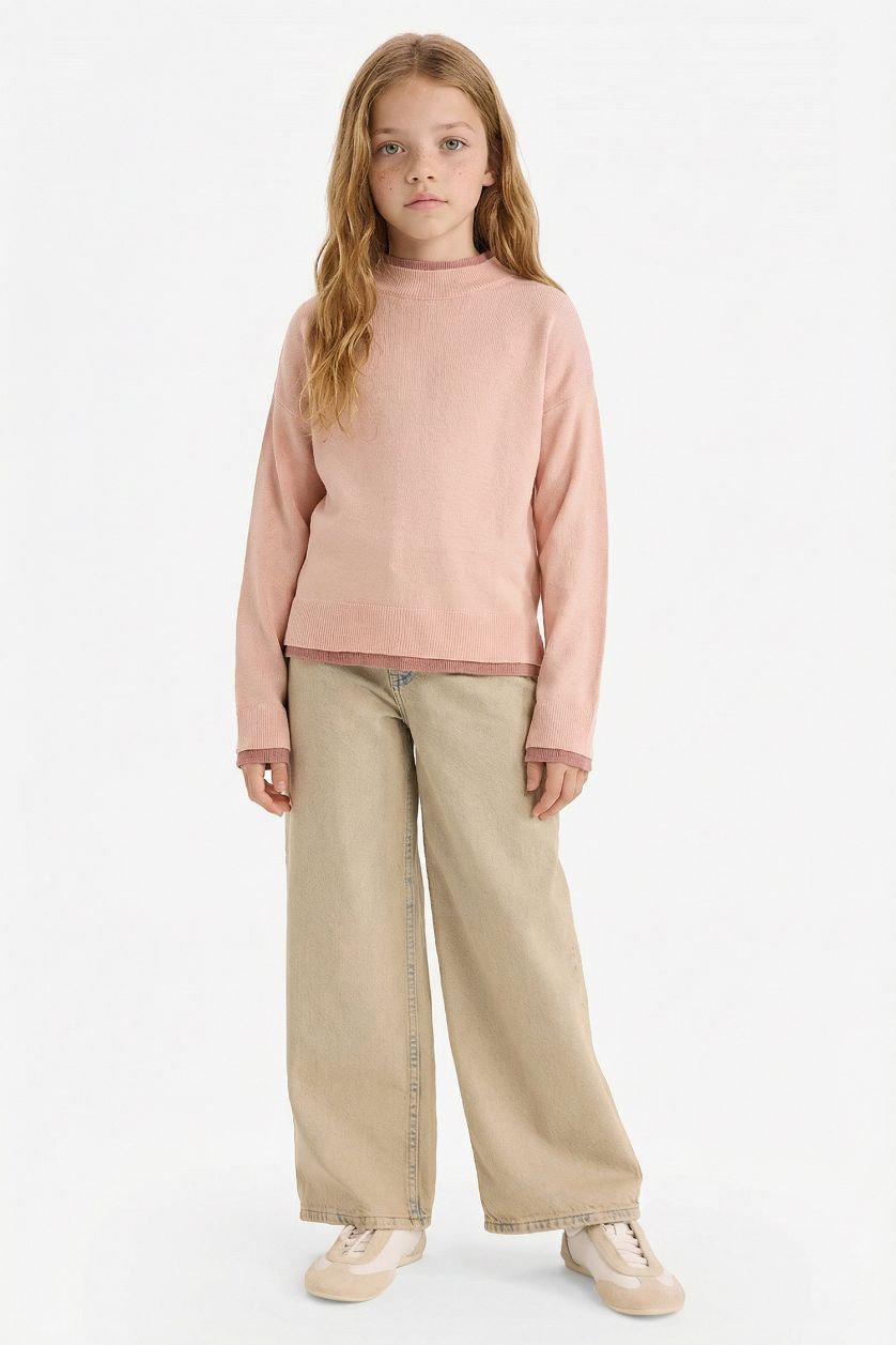 بنات لون البودرة بلوز صوف بناتي قصة عادية بياخة مستديرة