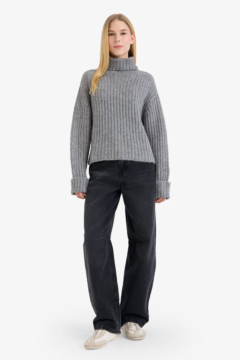 WOMAN Light Grey Oversize Fit Turtleneck Pullover