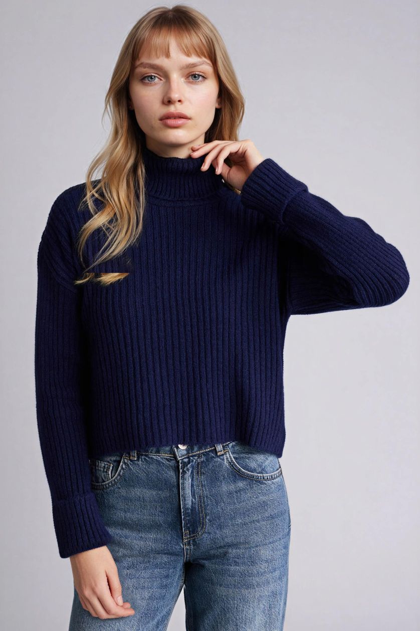 نساء كحلي بلوز صوف اوفر سايز هاينك بياخة عالية