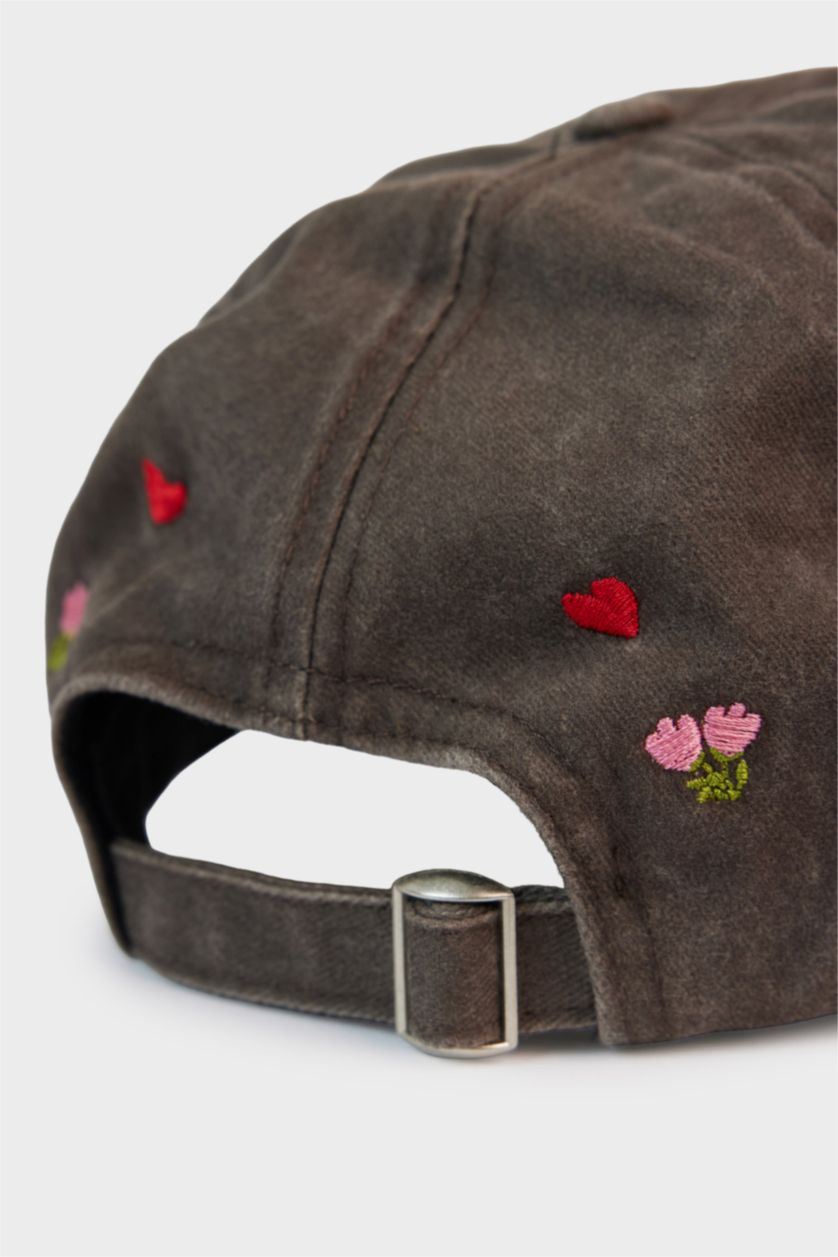 Women Brown Woman Embroidered Denim Cap