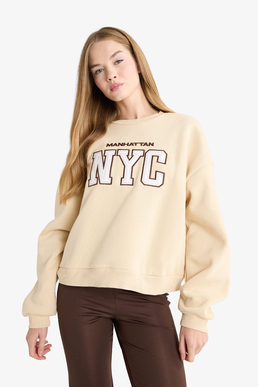 Kadın Bej Regular Fıt Bisiklet Yaka Baskılı Sweatshirt