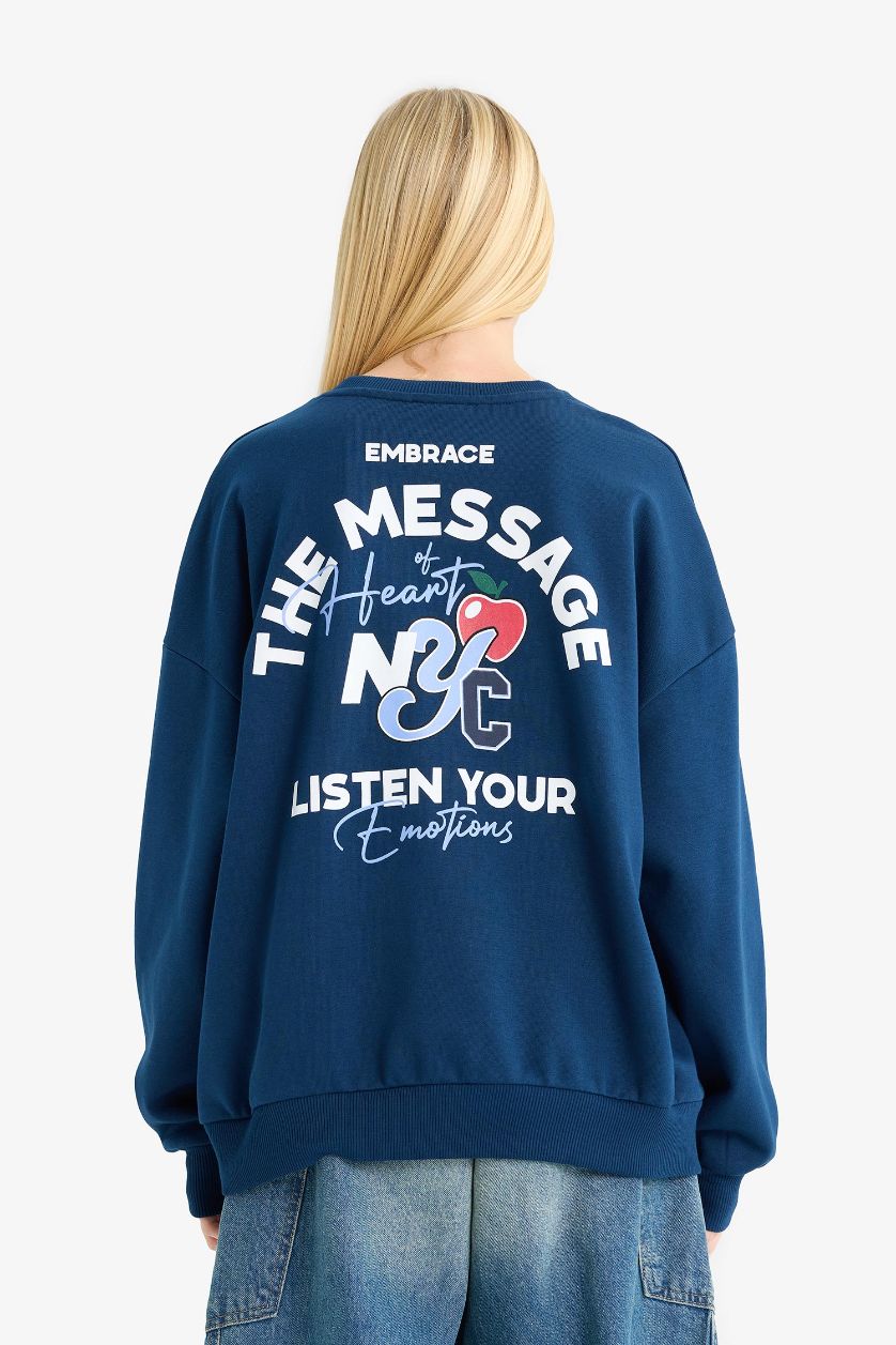 Woman NAVY Oversize Loose Fit Crew Neck Printed Thick Sweatshirt