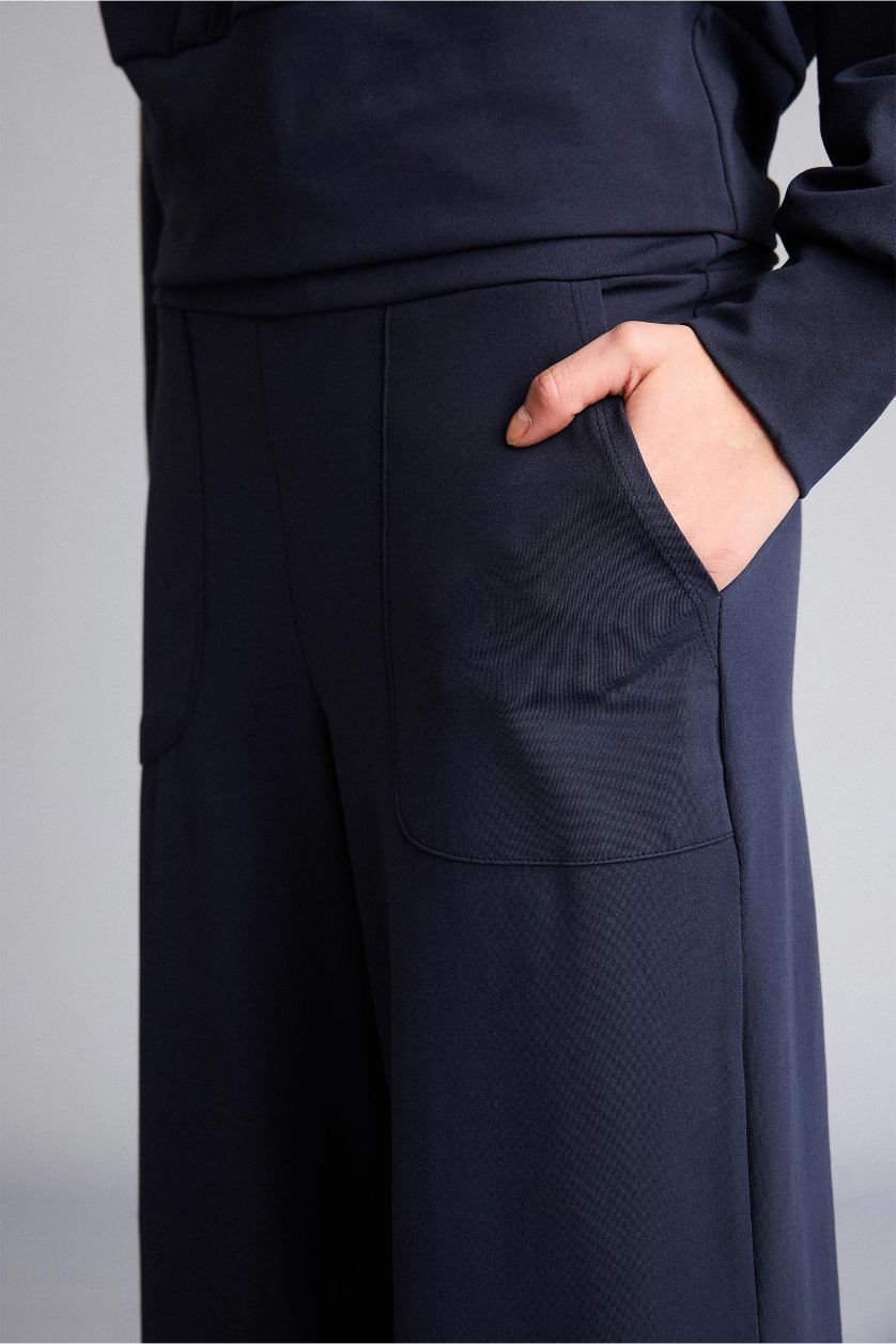 Kadın Lacivert Wide Leg Cepli Geniş Paça Uzun Sporcu Eşofman Altı
