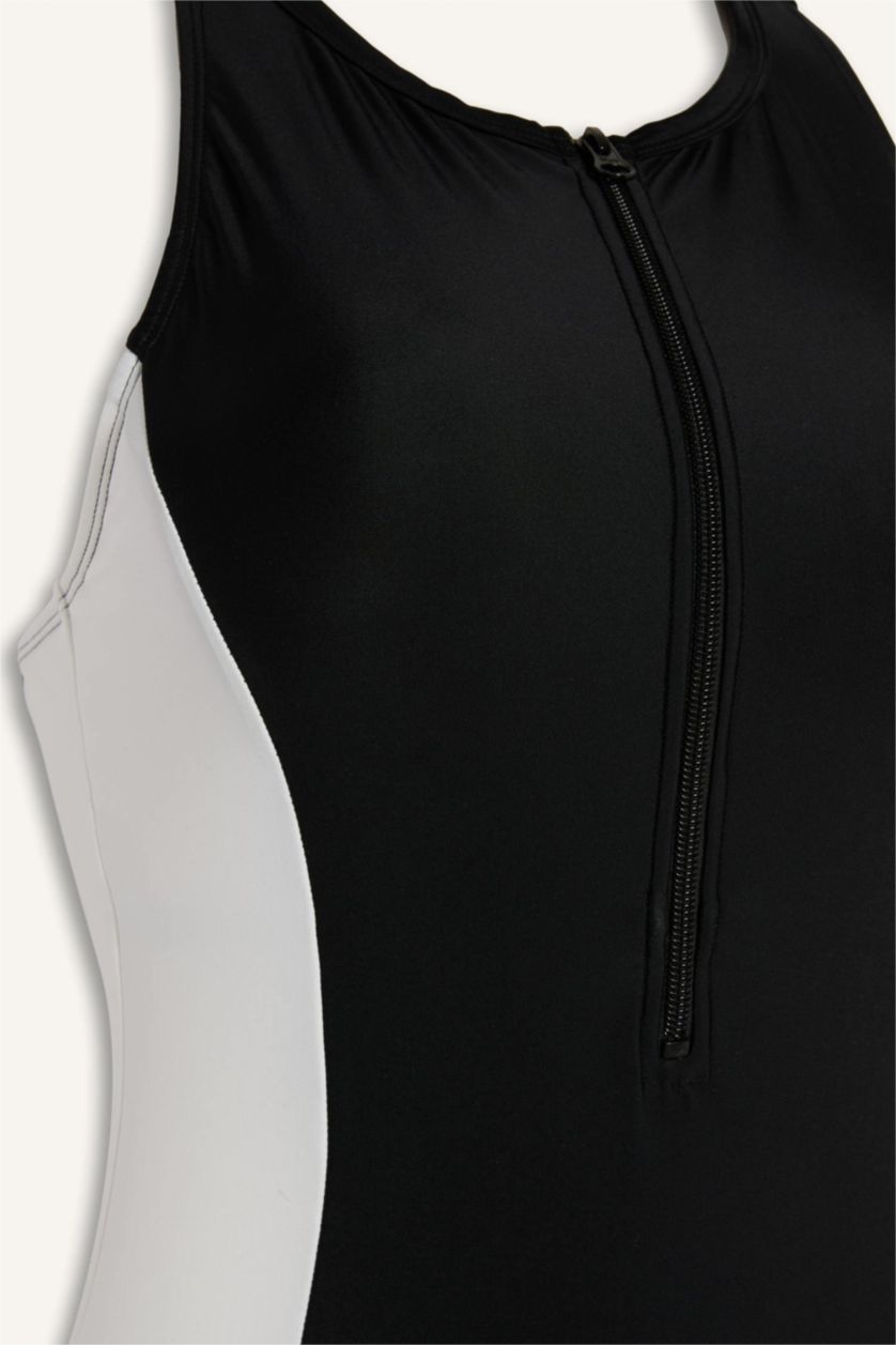 Kadın Siyah Slim Fit Fermuarlı Mayo