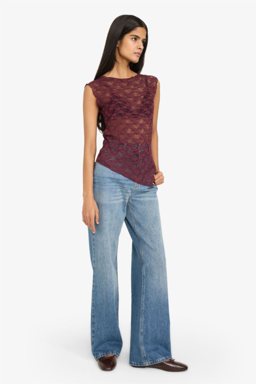 نساء خمري Slim Fit Boat Collar Lace Short Sleeve T-Shirt