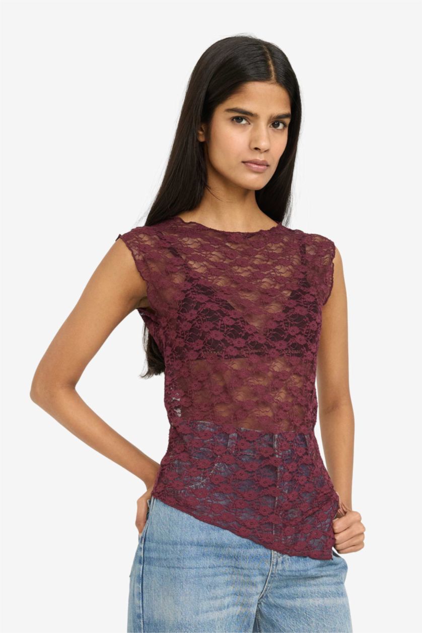 نساء خمري Slim Fit Boat Collar Lace Short Sleeve T-Shirt