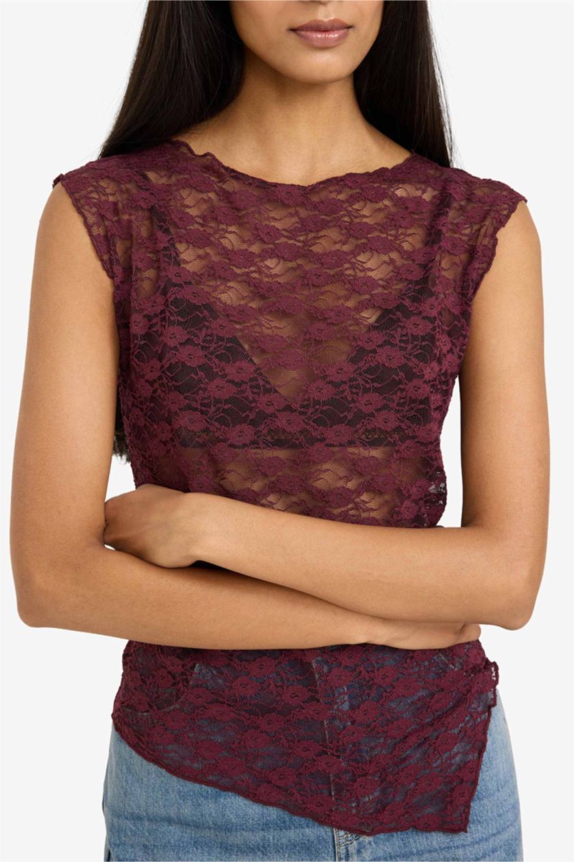 نساء خمري Slim Fit Boat Collar Lace Short Sleeve T-Shirt
