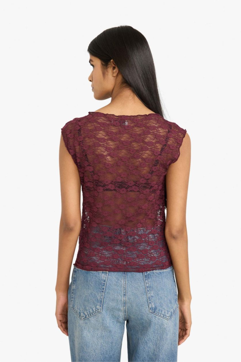 نساء خمري Slim Fit Boat Collar Lace Short Sleeve T-Shirt