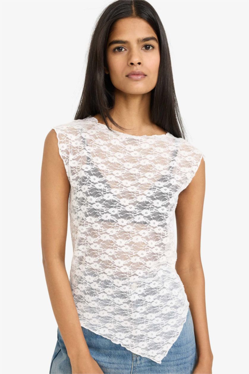 نساء اوف وايت Slim Fit Boat Collar Lace Short Sleeve T-Shirt