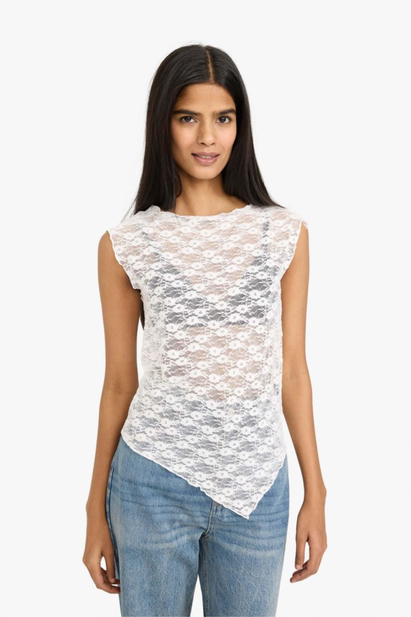 نساء اوف وايت Slim Fit Boat Collar Lace Short Sleeve T-Shirt