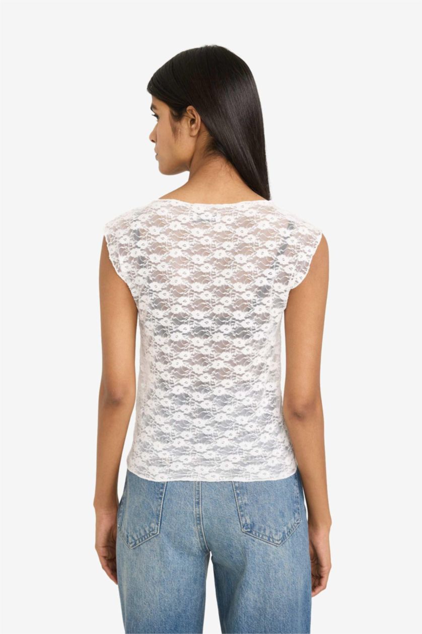 نساء اوف وايت Slim Fit Boat Collar Lace Short Sleeve T-Shirt