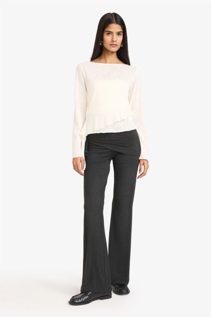 Женщины Бежевый Футболка Slim Fit с круглым вырезом и длинным рукавом