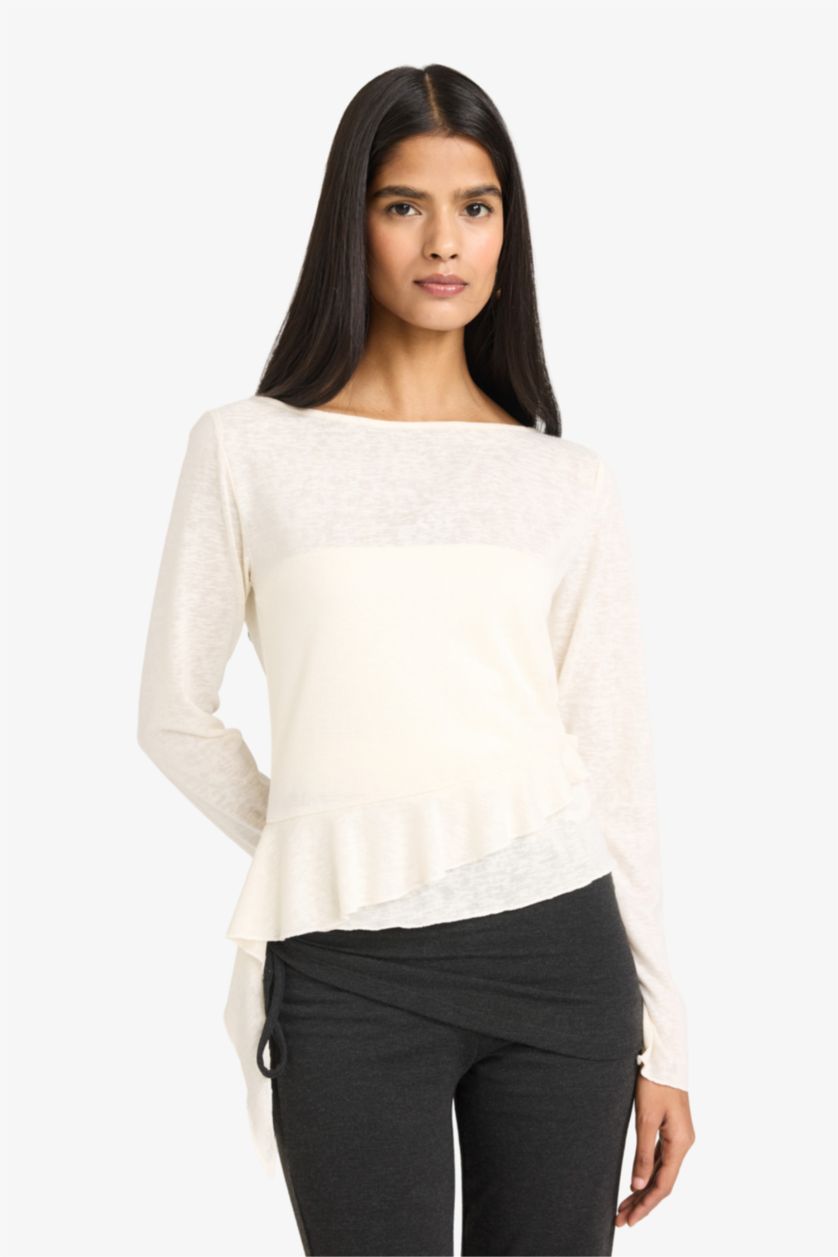 Женщины Бежевый Футболка Slim Fit с круглым вырезом и длинным рукавом