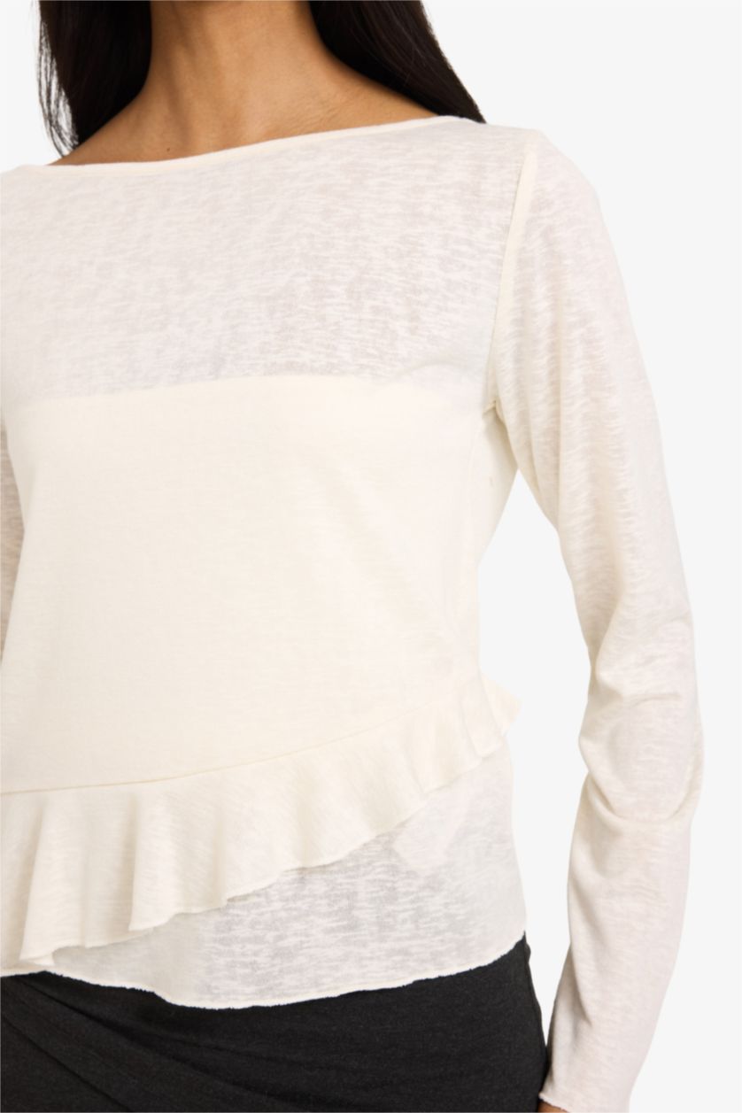 Женщины Бежевый Футболка Slim Fit с круглым вырезом и длинным рукавом