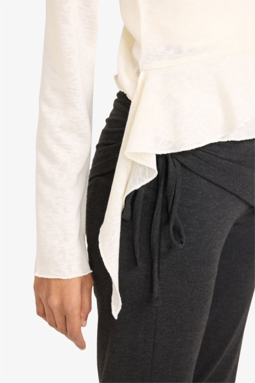 Женщины Бежевый Футболка Slim Fit с круглым вырезом и длинным рукавом