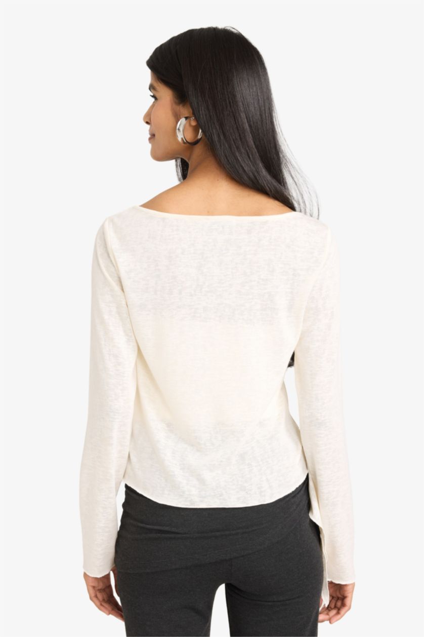 Женщины Бежевый Футболка Slim Fit с круглым вырезом и длинным рукавом