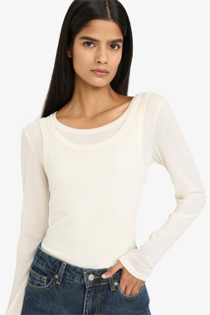 Женщины Кремовый Футболка в рубчик с круглым вырезом и длинным рукавом